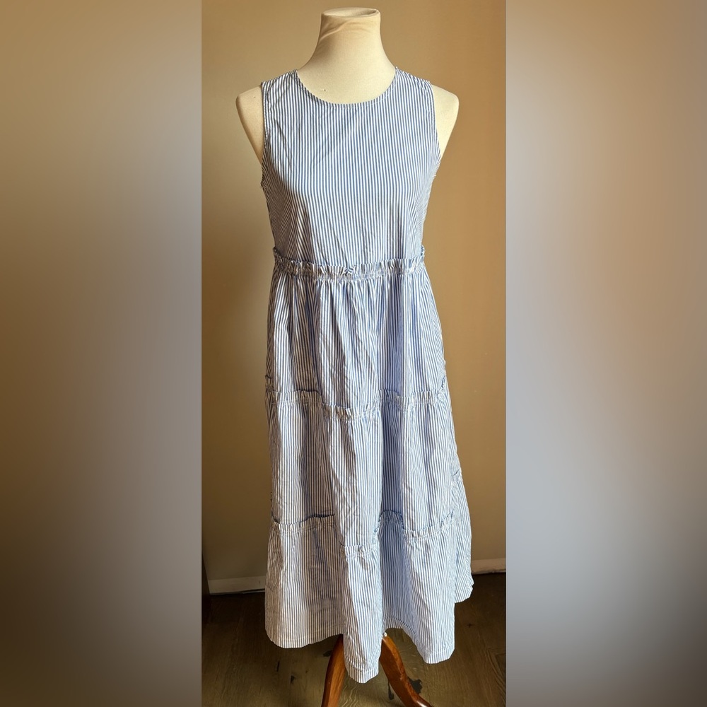 J.Crew Poplin Tiered Sleeveless Cotton Dress In Blue/White Stripes Size 0